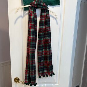 NWT Plaid Green and Red Scarf with Pom Pom trim.